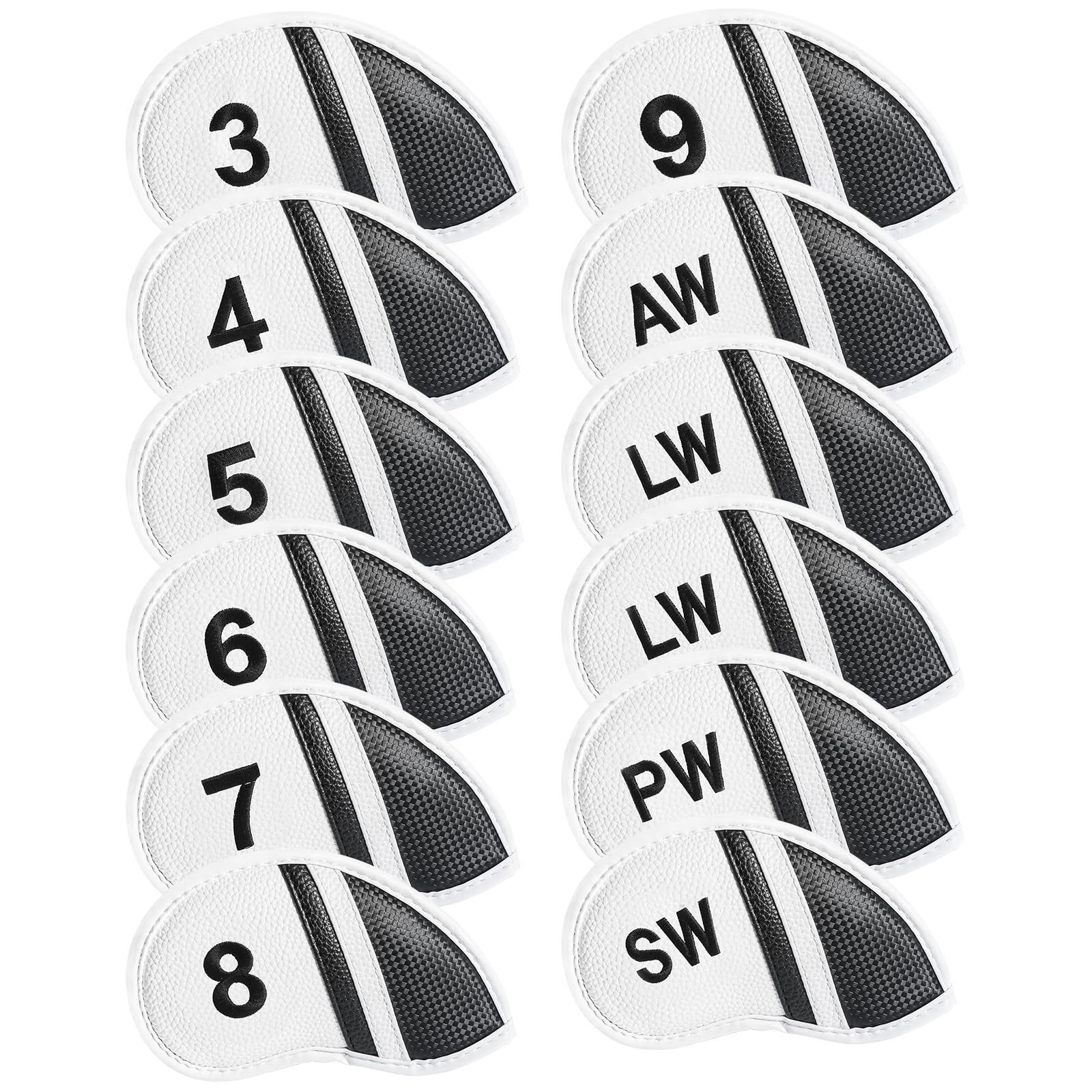 Golf Iron Head Covers Numbers Synthetic Leather Headcover Deluxe Value 12 Pcs Set, Golf Iron Headcovers Protector for Club Mens Protable Fit All Brands (White)