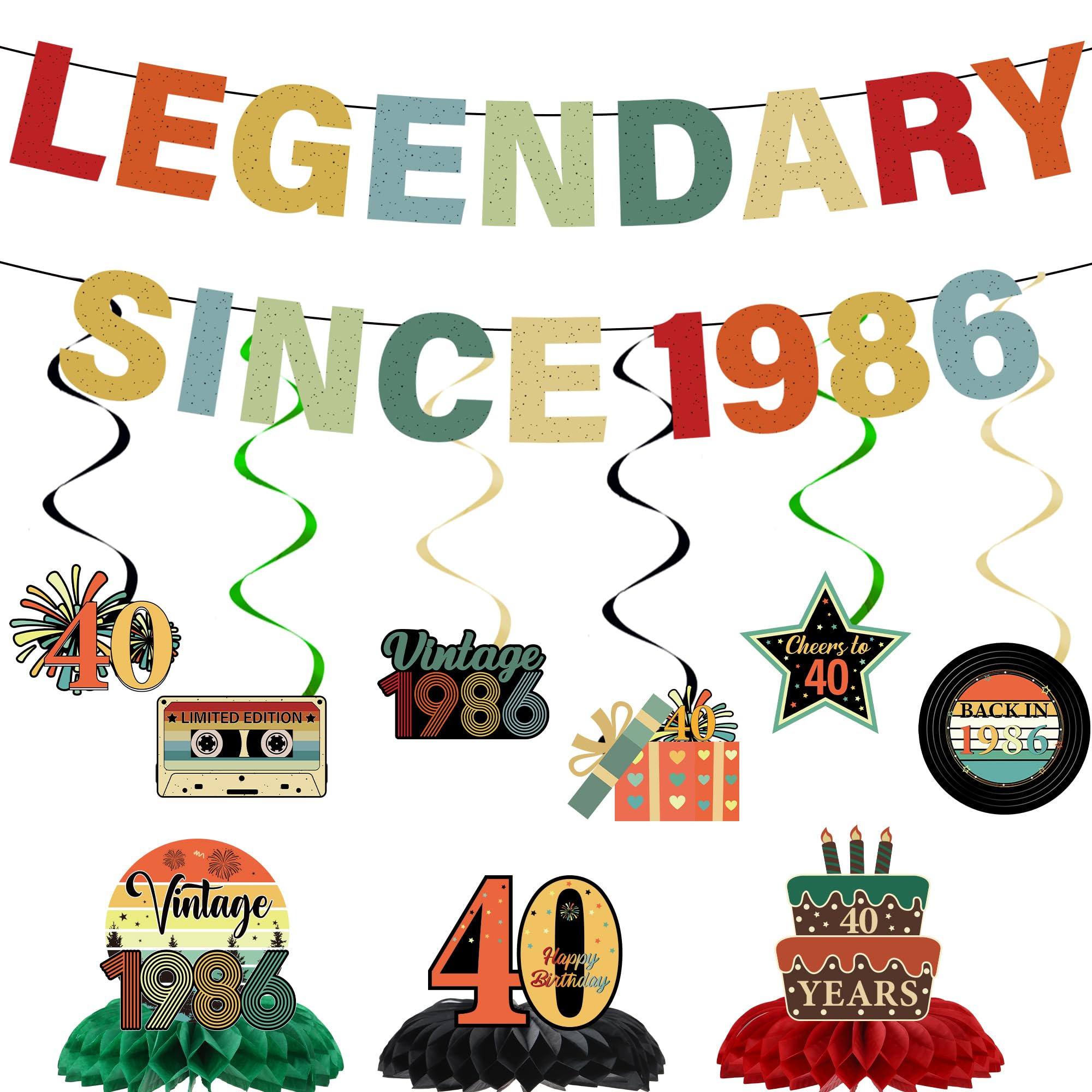 40th Birthday Decorations Men Women - 9 Pcs Banner Vintage Green Legendary Since 1986 Hanging Swirls Honeycomb Table Decor Set for 40 Year Old Vintage Theme Party Supplies