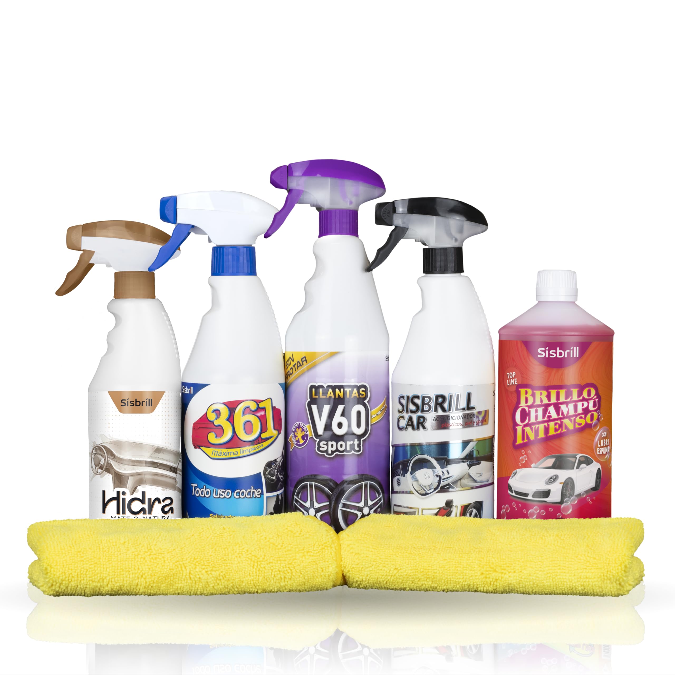 Sisbrill Kit Detail Básico – Kit Limpieza Coche con Champú, Limpiallantas, Limpiador Interior, Acondicionador de Plásticos y Microfibras para Lavado y Detallado | Kit de productos esenciales para iniciarse en la limpieza y cuidado completo del coche