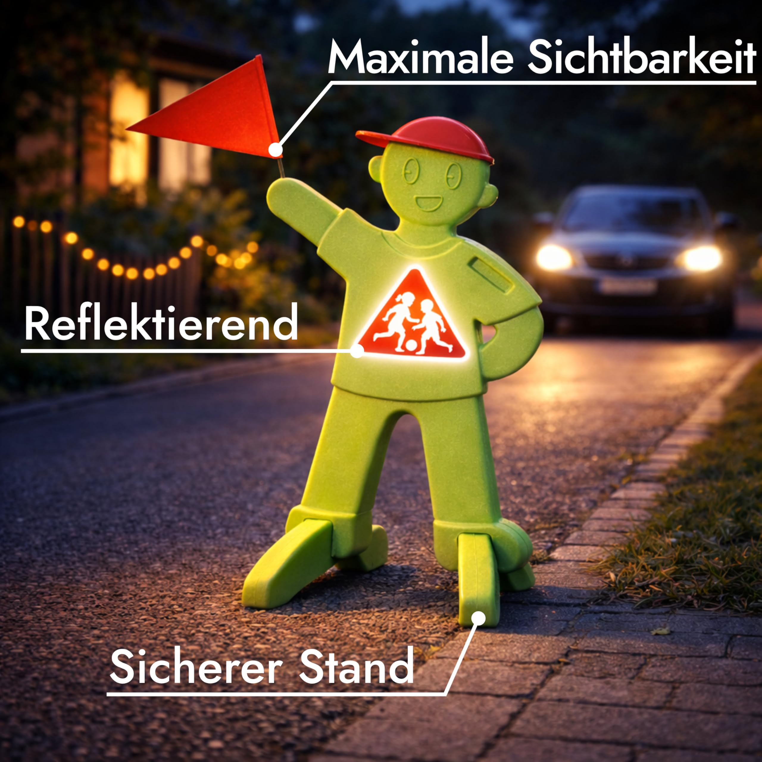 PlaySafe – Kinder Warnfigur mit Fahne | Warnschild Achtung spielende Kinder | Reflektierender Verkehrswarn-Aufsteller | Langsam Fahren (Grün)