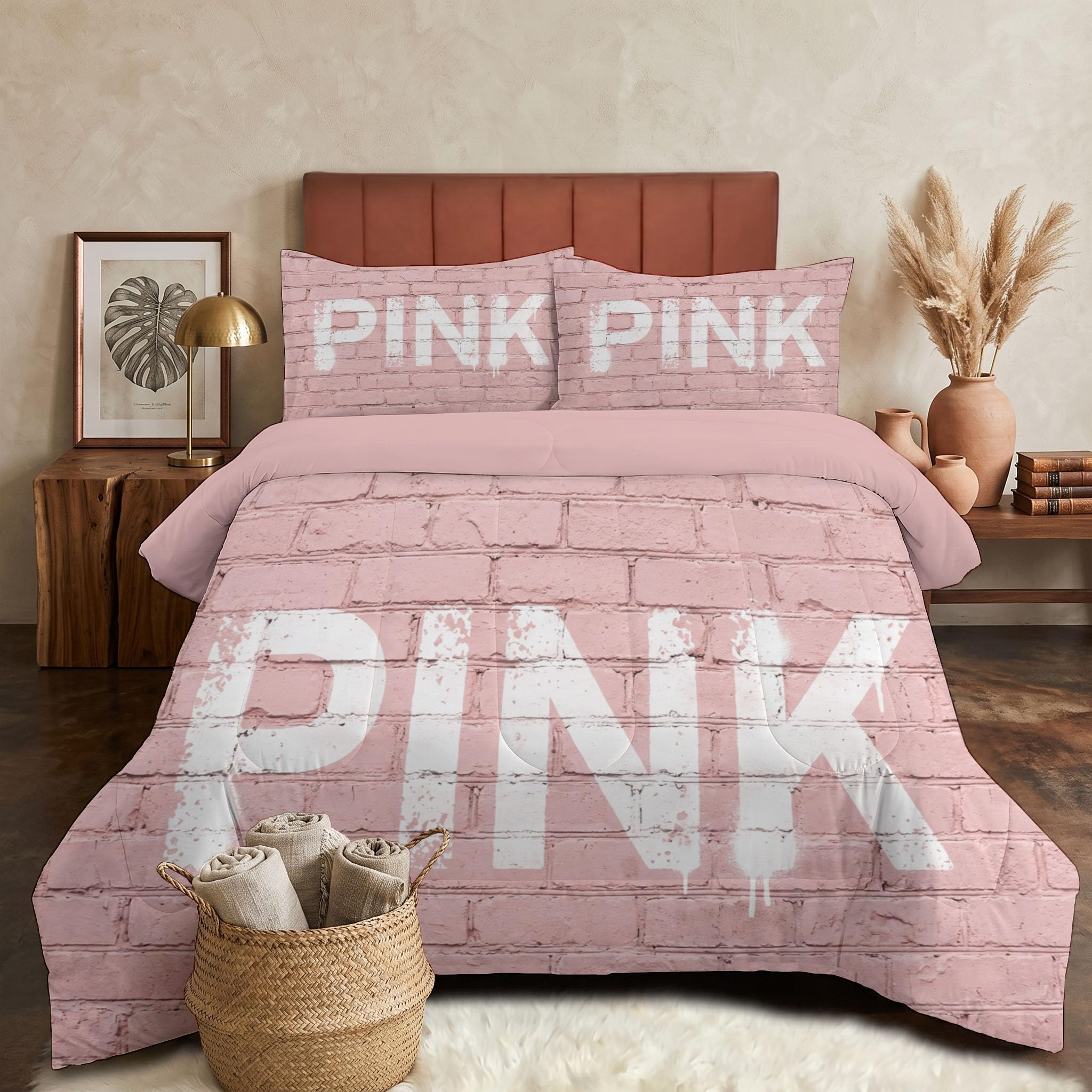Trapunta Graffiti Di Tendenza Con Lettere, Piumino Singolo 4 Stagioni | 140X200 Cm Con Federa 50X80, Piumone Leggero In Microfibra, Trapunta Reversibile Texture Di Mattoni Stradali, Rosa