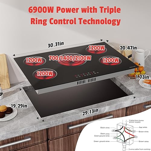 Miniatura 6 de Noxton Estufa eléctrica de 30 pulgadas, estufa eléctrica de 5 quemadores, placa de cerámica de 30 pulgadas, triple anillo, pausa, temporizador,