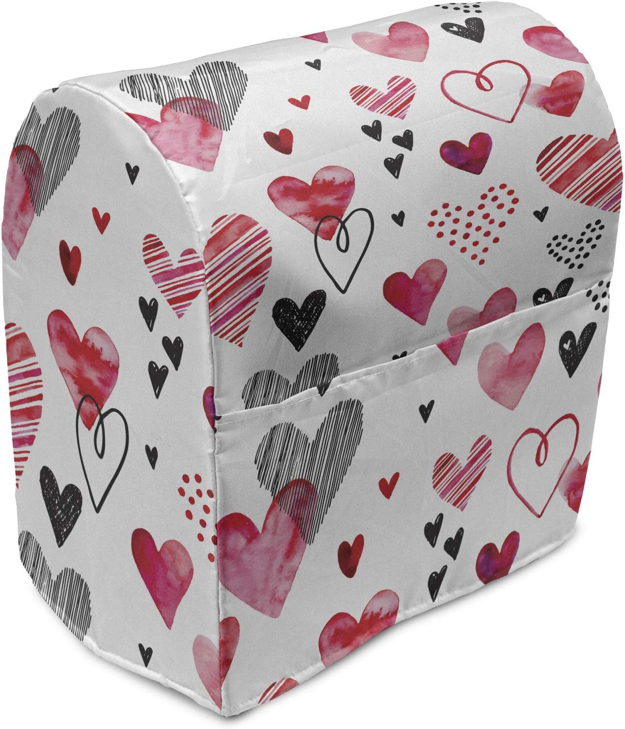 Lunarable Love Stand Mixer Cover, Love Valentines Day Inspirations Illustrations with Doodle Heart Pattern, Kitchen Appliance Organizer Bag Cover with a Pocket, 6-8 Quarts, Black Pink Vermilion