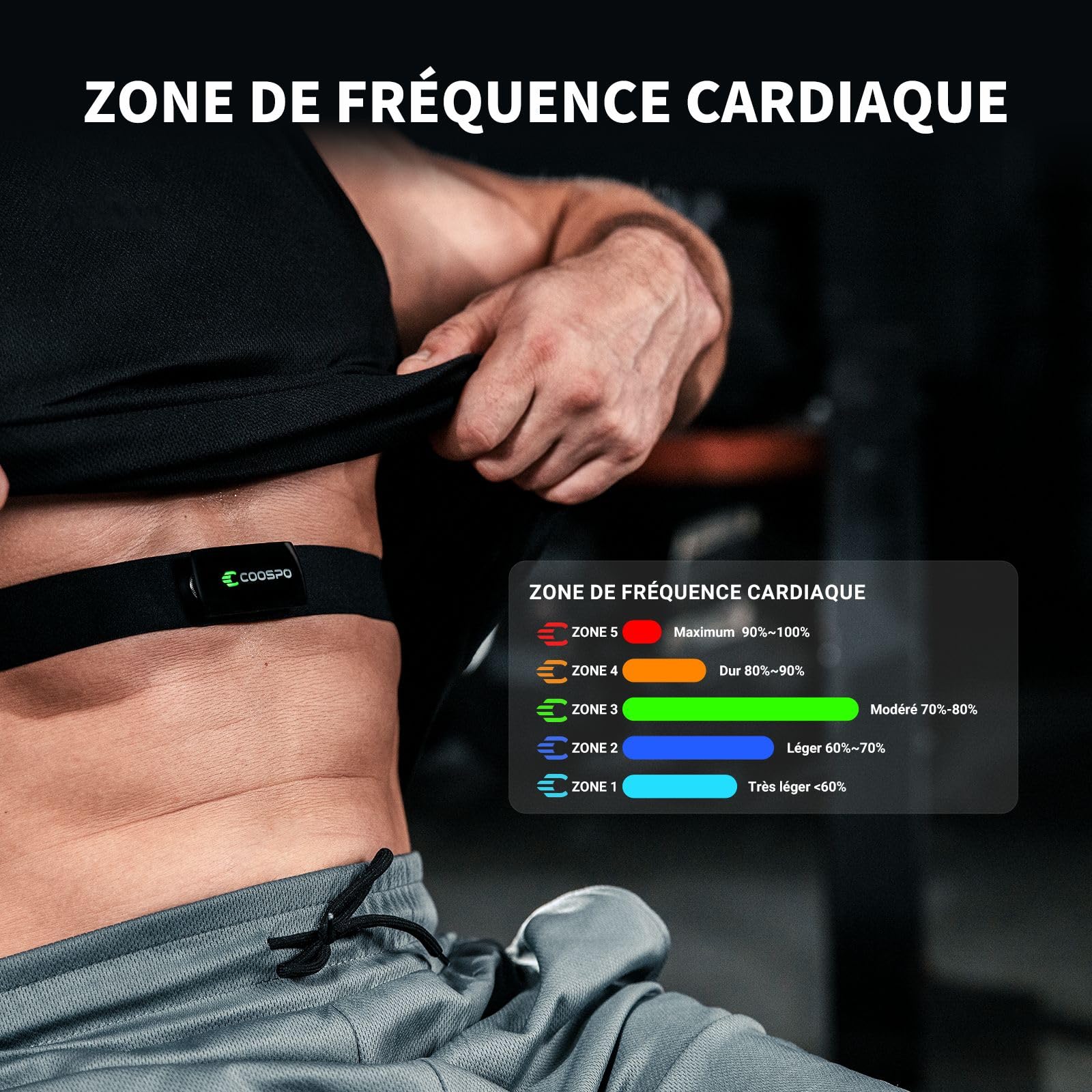 COOSPO Cardiofrequencemetre H9Z Rechargeable, Bluetooth 5.0 Ant+ Fitness Tracker HRM Capteur Fréquence Cardiaque, Étanche IP67 Ceinture Cardio Compatible avec Wahoo, Zwift, Strava, Elite HRV