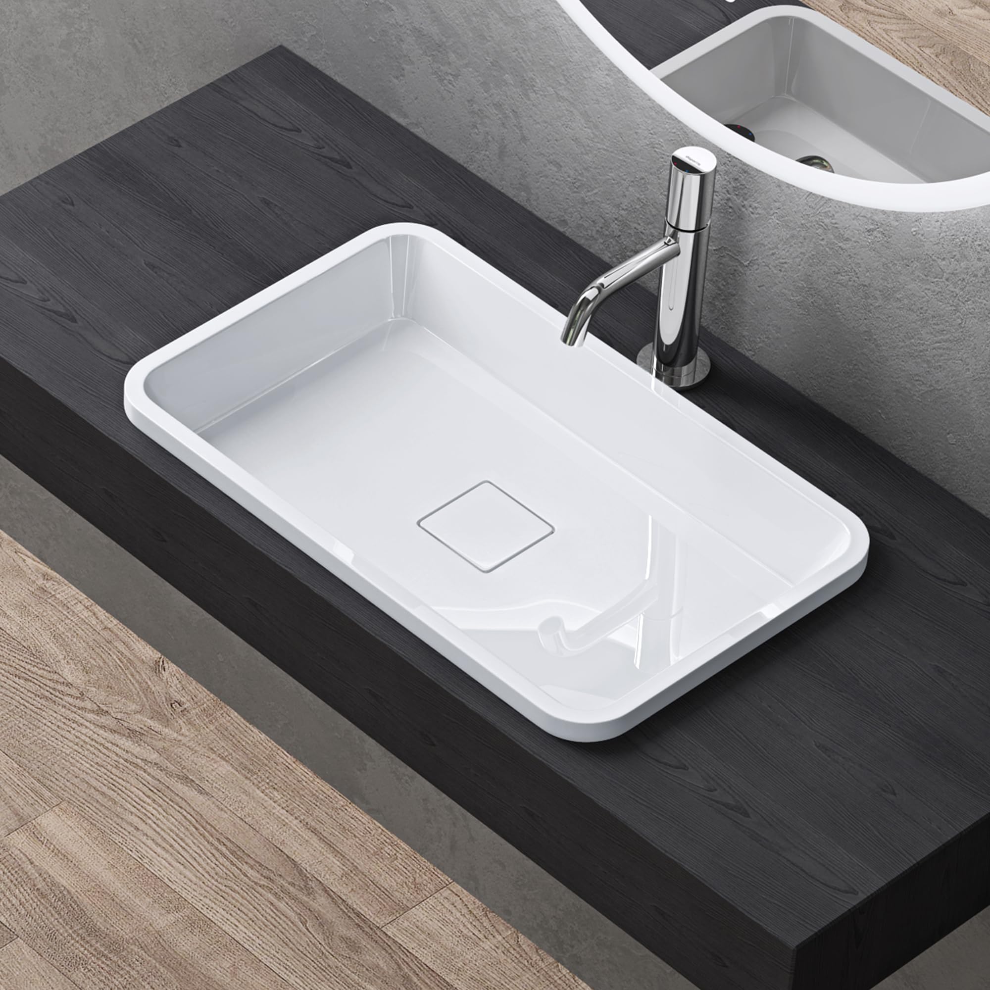doporro Lavabo ad Incasso Soprapiano Rettangolare 60x38 cm per Bagno | Lavandino per Bagno in Resina Minerale, Colore Bianco, Finitura Lucida, senza Foro per Rubinetto, Piletta di Scarico Inclusa