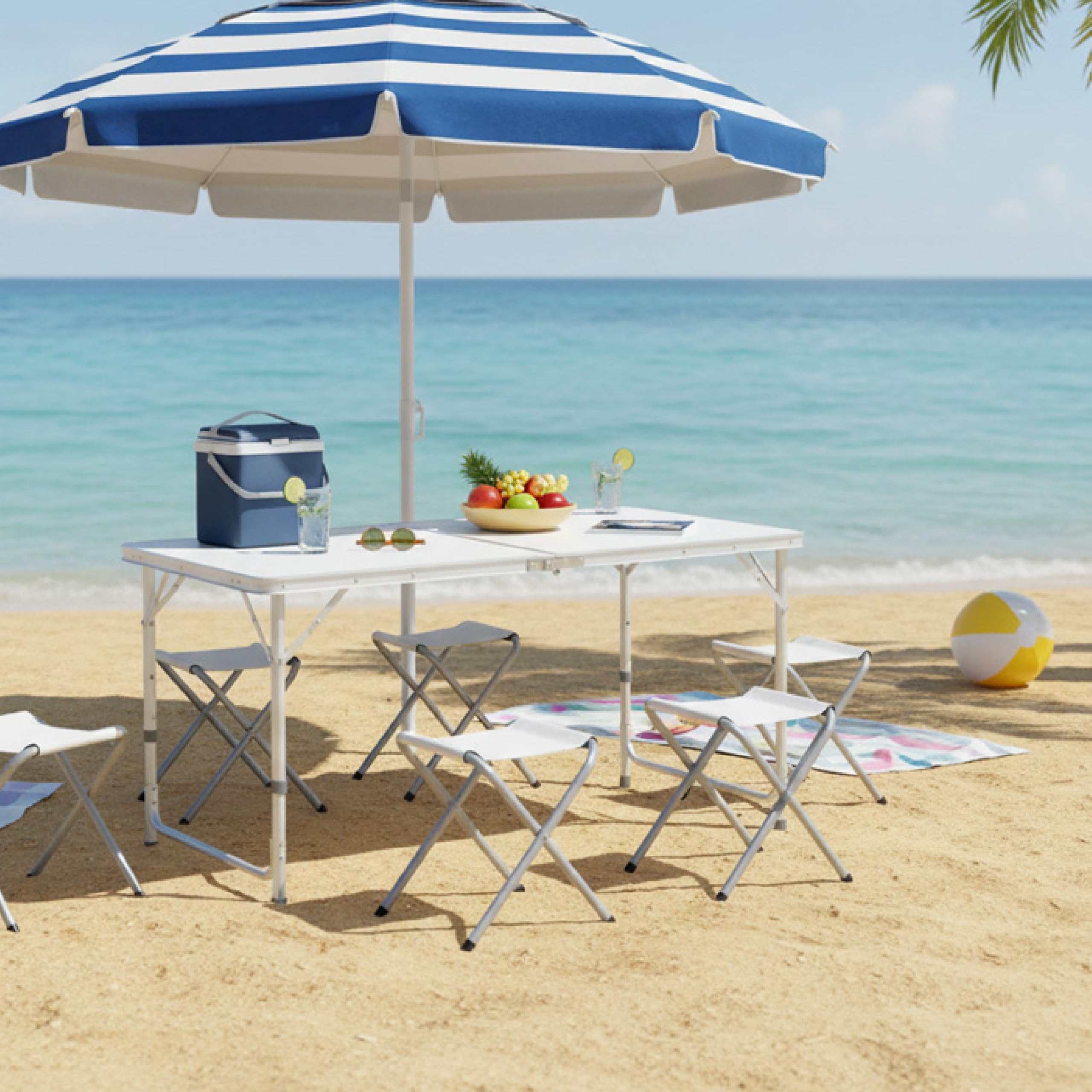 Baroni Home Mesa plegable de camping, mesa portátil plegable de aluminio con tablero de fibra de densidad media, ligera, ideal para camping, playa, picnic y al aire libre (mesa blanca 120 cm + sillas)