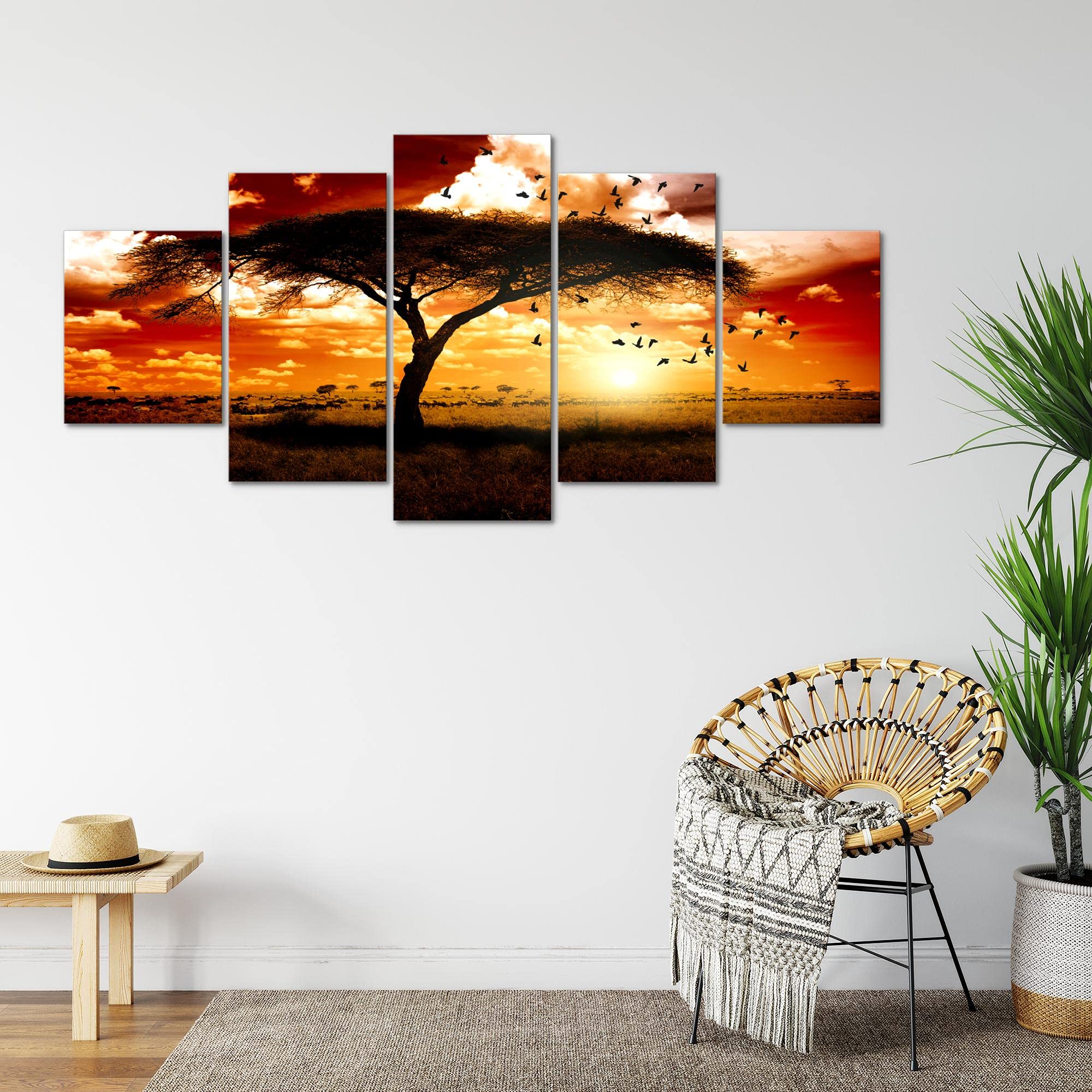 Runa Art - Tableau Afrique Le Coucher Du Soleil 200 x 100 cm 5 Parties XXL Decoration Murale Dessin Orange 001551c