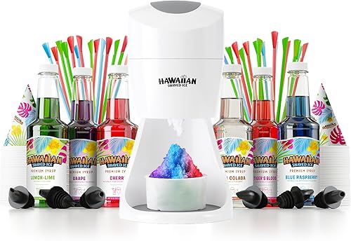 Hawaiian Shaved Ice S900A - Máquina profesional de hielo esponjoso y cono de nieve para uso doméstico, kit completo de fiesta con jarabes de sabor