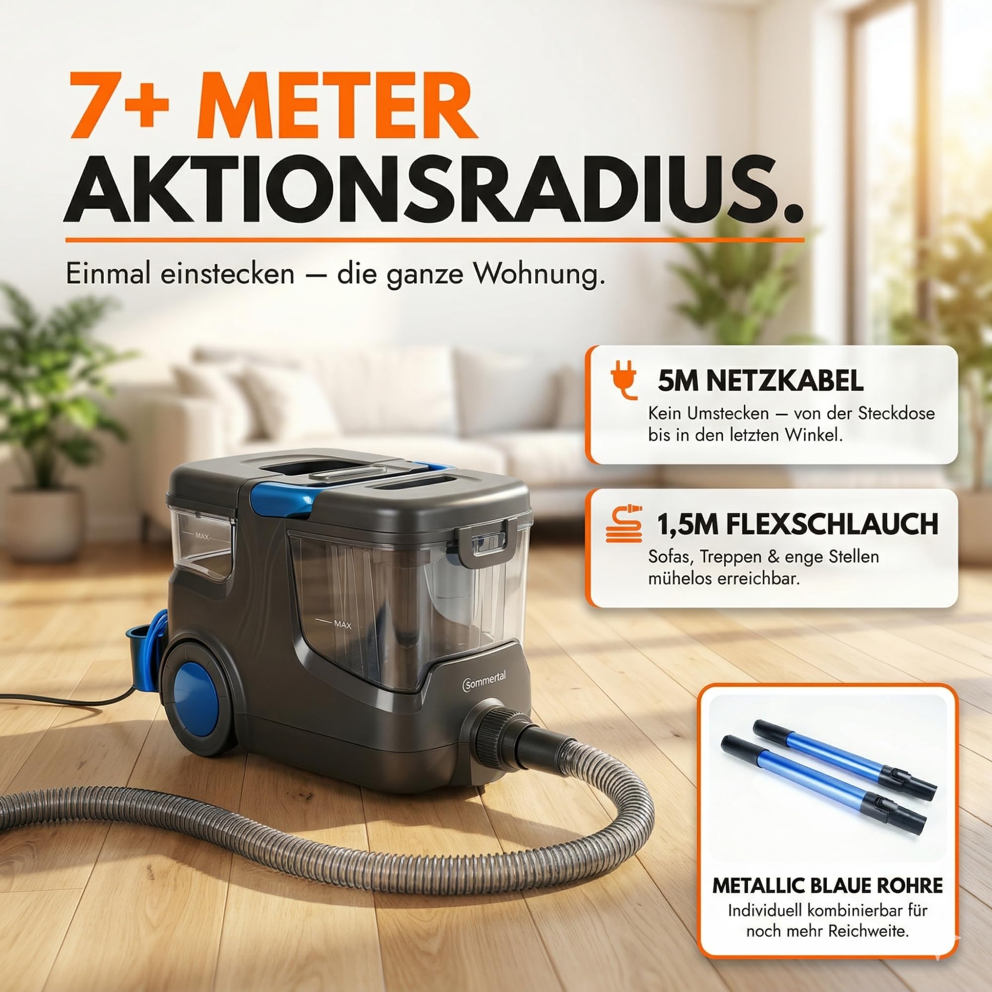 Sommertal HYDRO 9000 MAX Waschsauger | 1.000W, 28 kPa | Teppichreiniger & Polsterreiniger mit integriertem Dampfsauger und Nasssauger-Funktion für Teppich, Sofa, Auto-Innenraum & Matratzen
