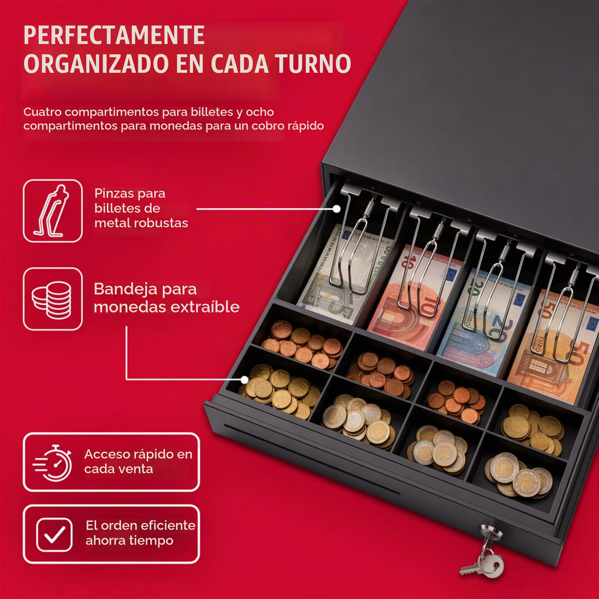Olympia MD 335C - Cajón de efectivo con 4 compartimentos para billetes y 8 para monedas - Conector RJ-12 12-24V inverso. Caja registradora sólida de 36,8 x
