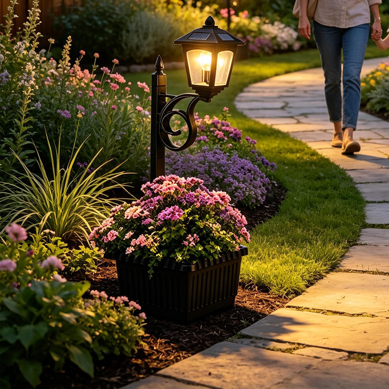 2-in-1 Outdoor Flower Pot with Solar Post Lantern Solar Lantern Planter