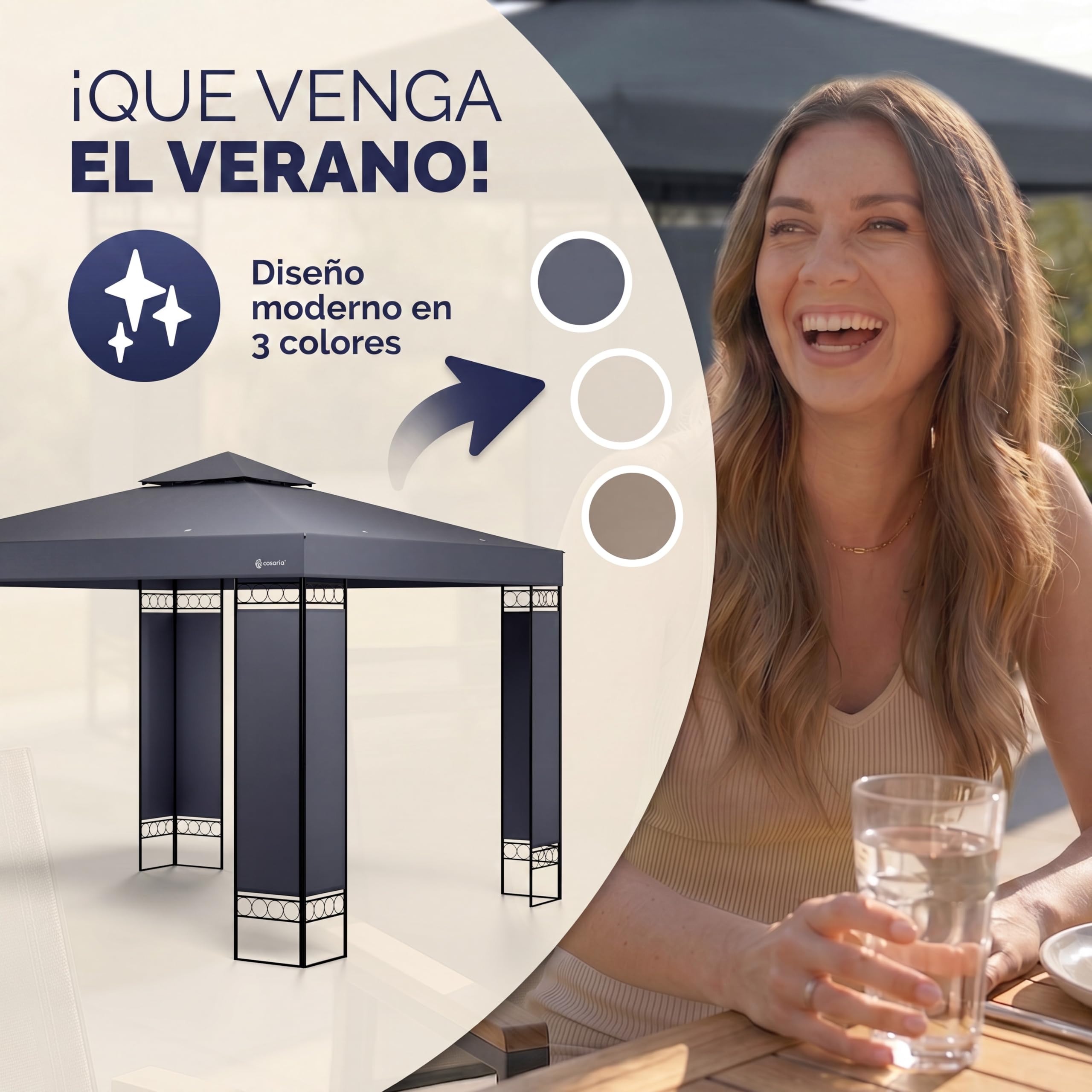 Casaria Cenador Lorca Jardín 3x3m Pabellón Pérgola Carpa Protec. UV 50+ Repele Agua Doble Techo