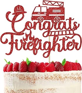 Congrats Firefighter Cake Topper, Congrats Grad Cake Decor, Future Firefighter, 2025 Fire Academy Department Graduation Party Decorations Supplies Red Glitter