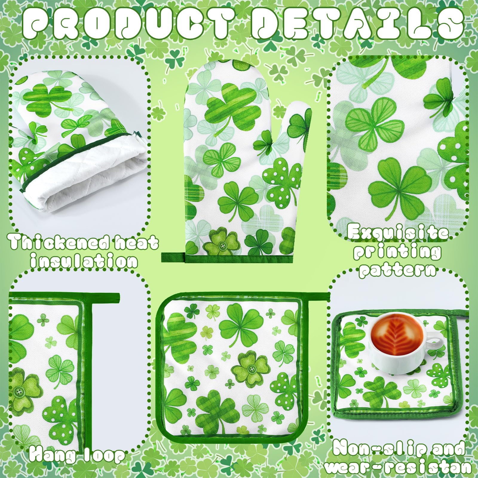 Bencailor 12-teiliges St. Patrick's Day Küchendekor-Sets, 6 x St. Patricks Day-Handtücher, 2 x Küchenteppich und Matte, 2 x Kleeblatt-Topfhalter, 2 x grüne Ofenhandschuhe für irische Partys