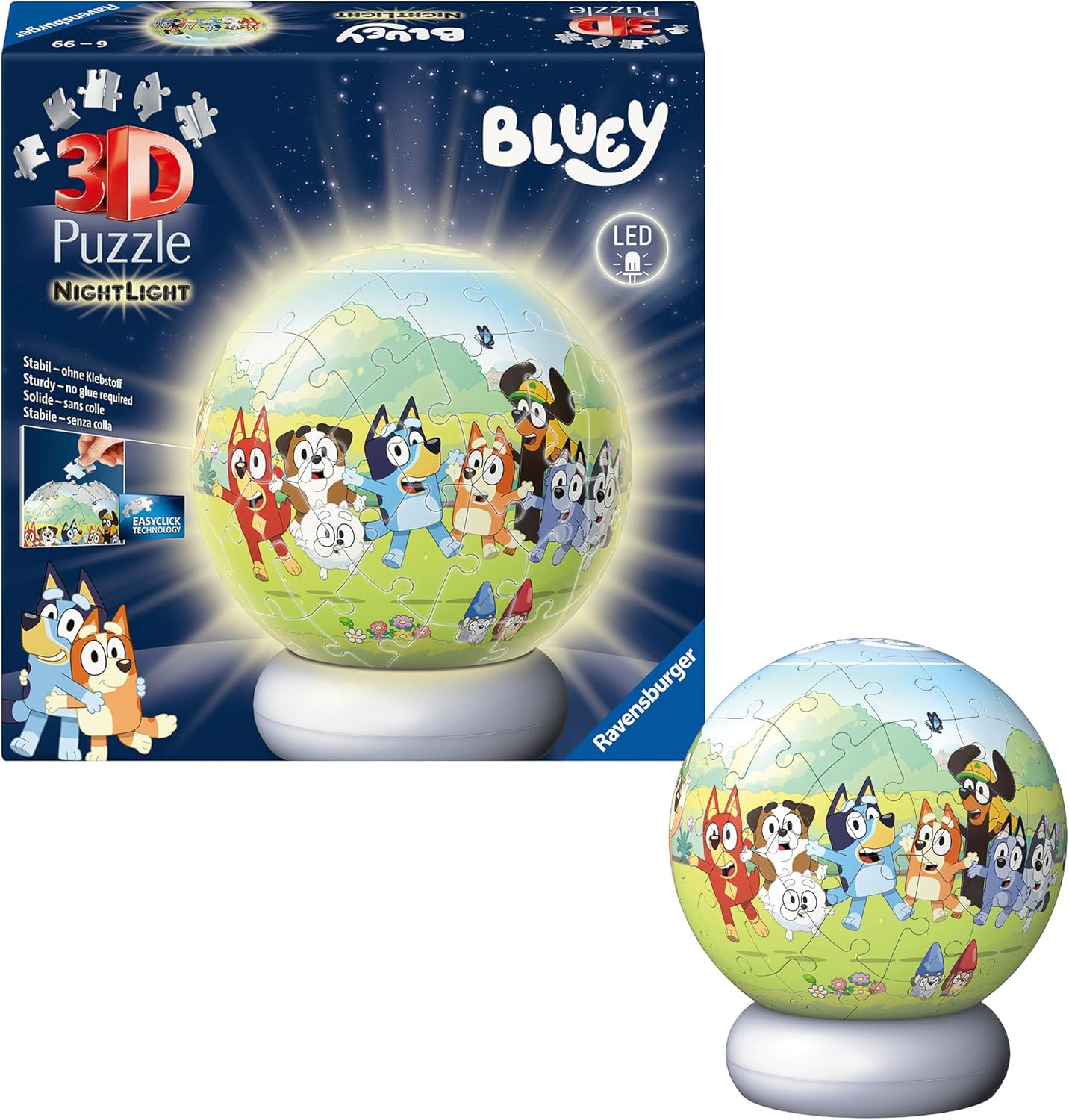 Ravensburger - Bluey Nightlight Puzzle Ball - 72 Piece 3D Jigsaw Puzzle - Fun Bluey Design with LED Light‑Up Base - Decorative Kids’ Room Accent - Premium Quality - Ideal Gift - Children Age 6+