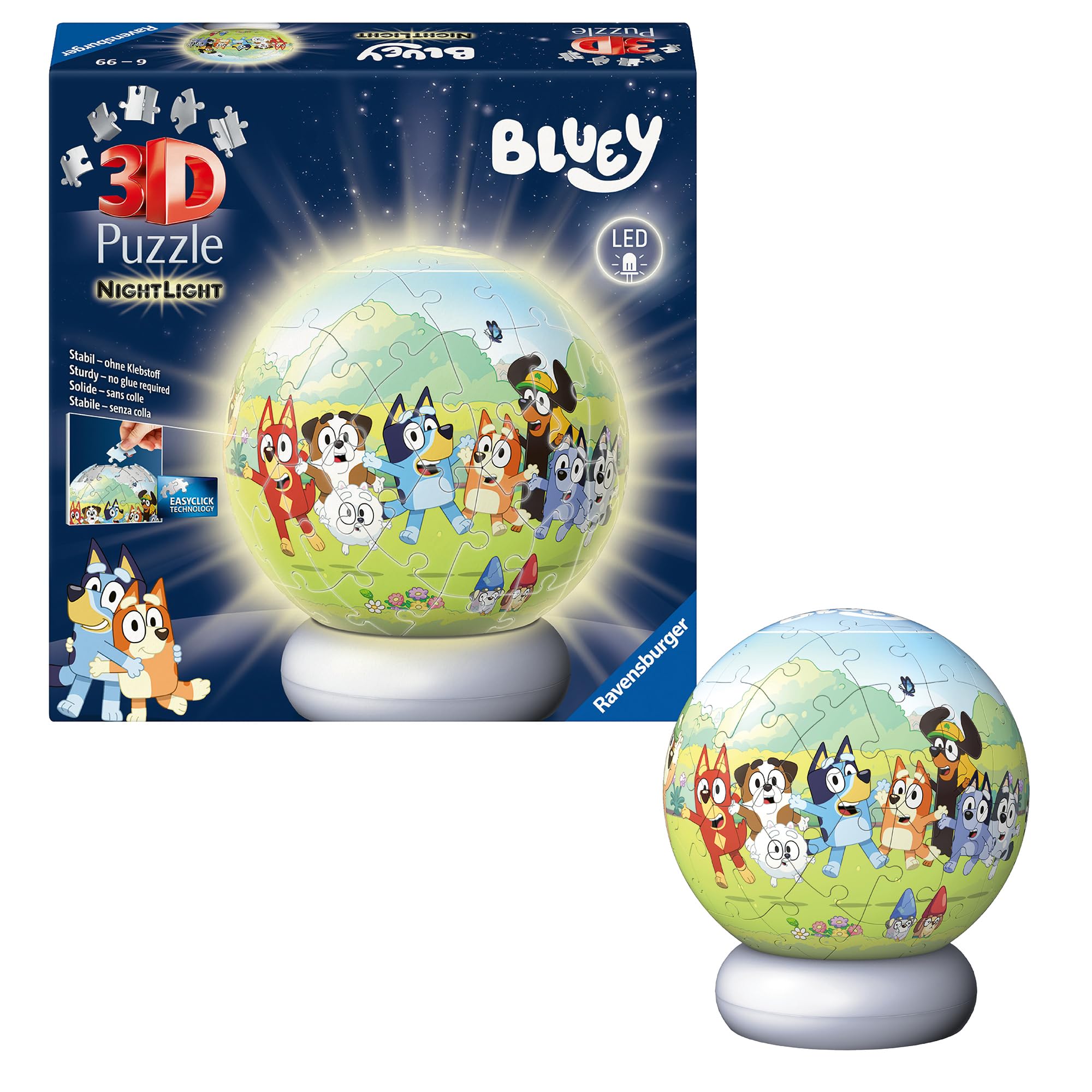 Ravensburger 3D Puzzle Nachtlicht Bluey - Puzzle-Ball mit LED Nachtlicht als Nachttischlampe fΓΌr Kinder ab 6 Jahren