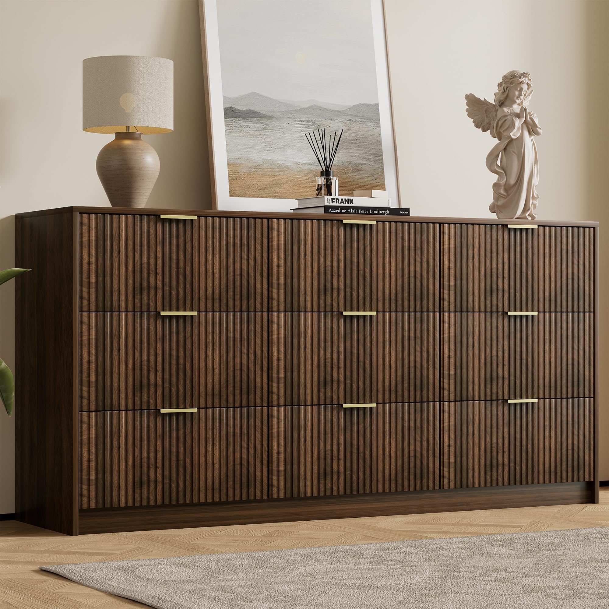 Furniway Walnut 9 Drawer Dresser for Bedroom, 63" Wide Fluted Wood Dresser