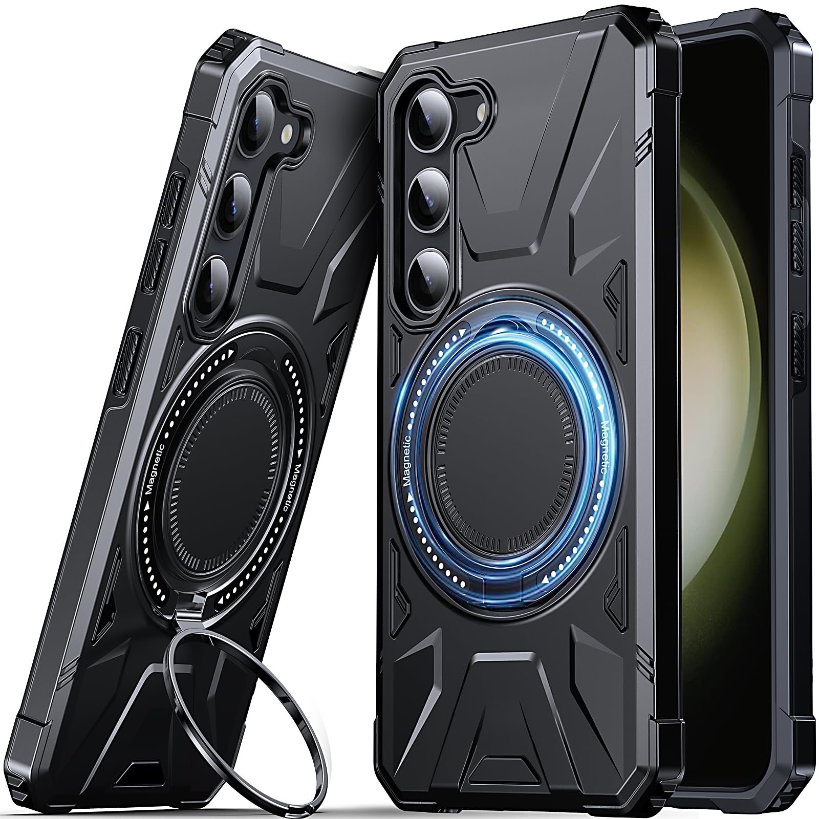 DASFOND Armor Shockproof Galaxy S23 Case, Hard Rugged, with 360 Rotate Ring Kickstand, Heavy Duty Protection Hard Phone Case Cover for Samsung Galaxy S23, Black