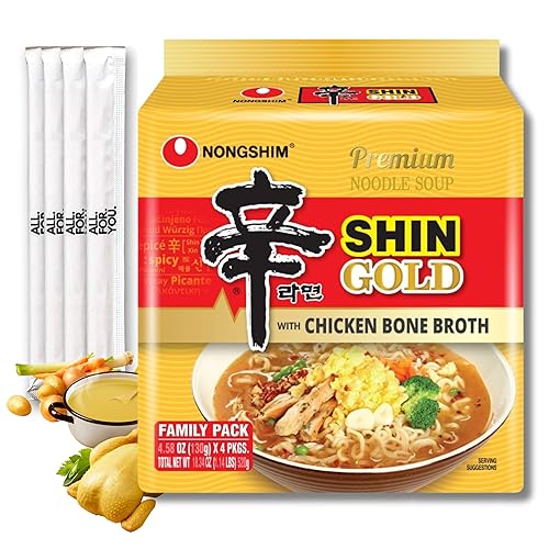 Ramen Nongshim - Shin Ramyun Gold - Paquete de 4 - Sopa de fideos ramen picantes comida asiática coreana Nongshim Combo con 4 palillos de la marca