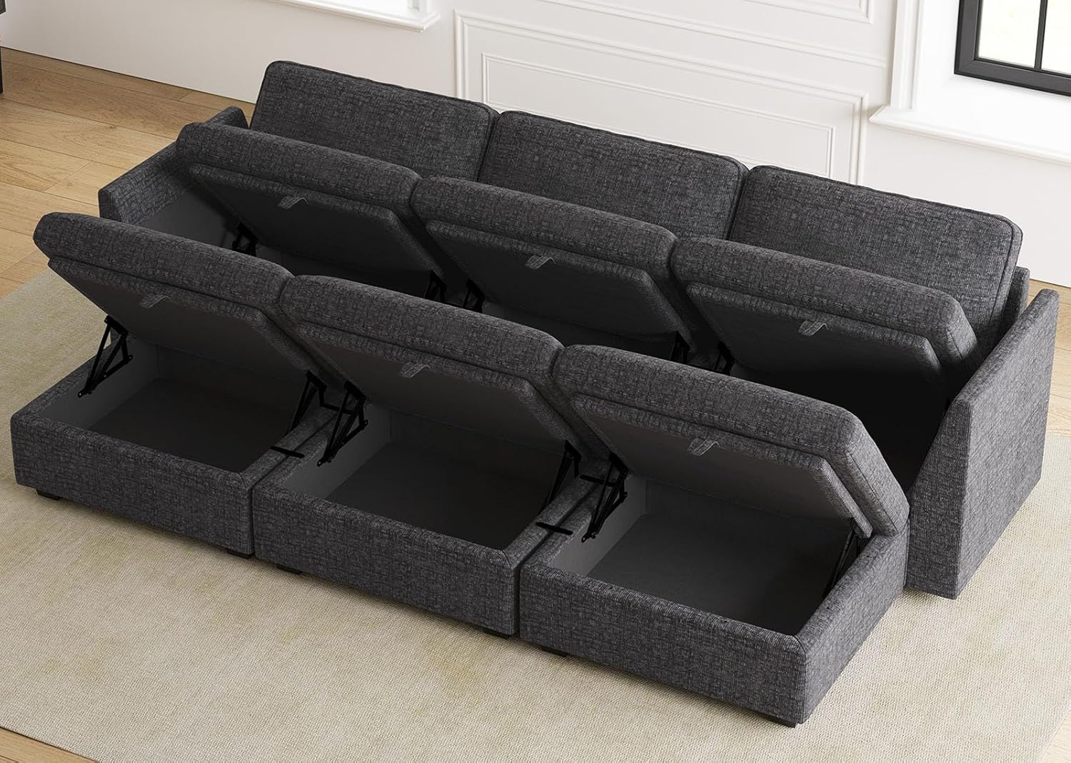 Belffin modular sofa with storage compartments open.