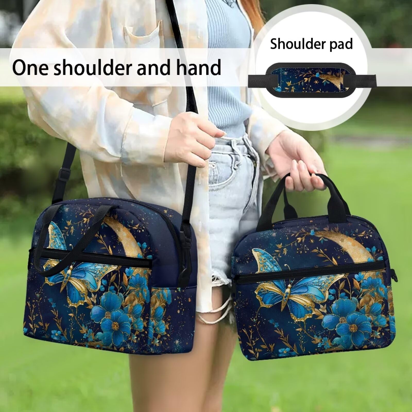Lindas bolsas de almuerzo con diseño de mariposa azul para adolescentes y niñas, lonchera pequeña aislada para mujer, con correa y cremallera, bolsa de almuerzo reutilizable para el trabajo