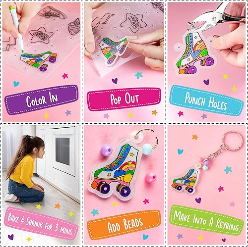 Miniatura 2 de GirlZone Kit de manualidades Shrink Me para crear arte retráctil y hacer tu propio llavero con hoja de plástico retráctil, marcador termorretráctil