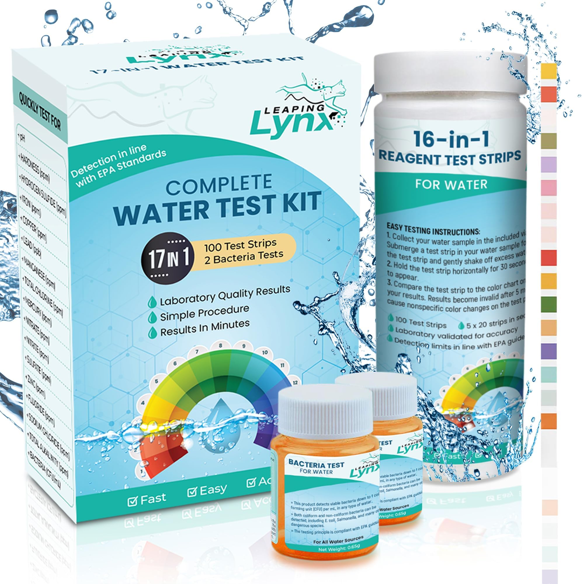 EPA-Recommended Detection 17 in 1 Water Test with 100 Strips + 2 Bacteria Tests for Well Water & Tap Water, Detect Lead, Coliform, pH, Hardness, Chlorine, Mercury, & More in Drinking Water in Minutes