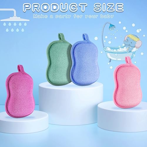 Miniatura 3 de Esponja de baño para bebé, 4 piezas, esponja suave y absorbente de algodón para niños, bebés, hombres y mujeres (rojo, morado, verde, azul)