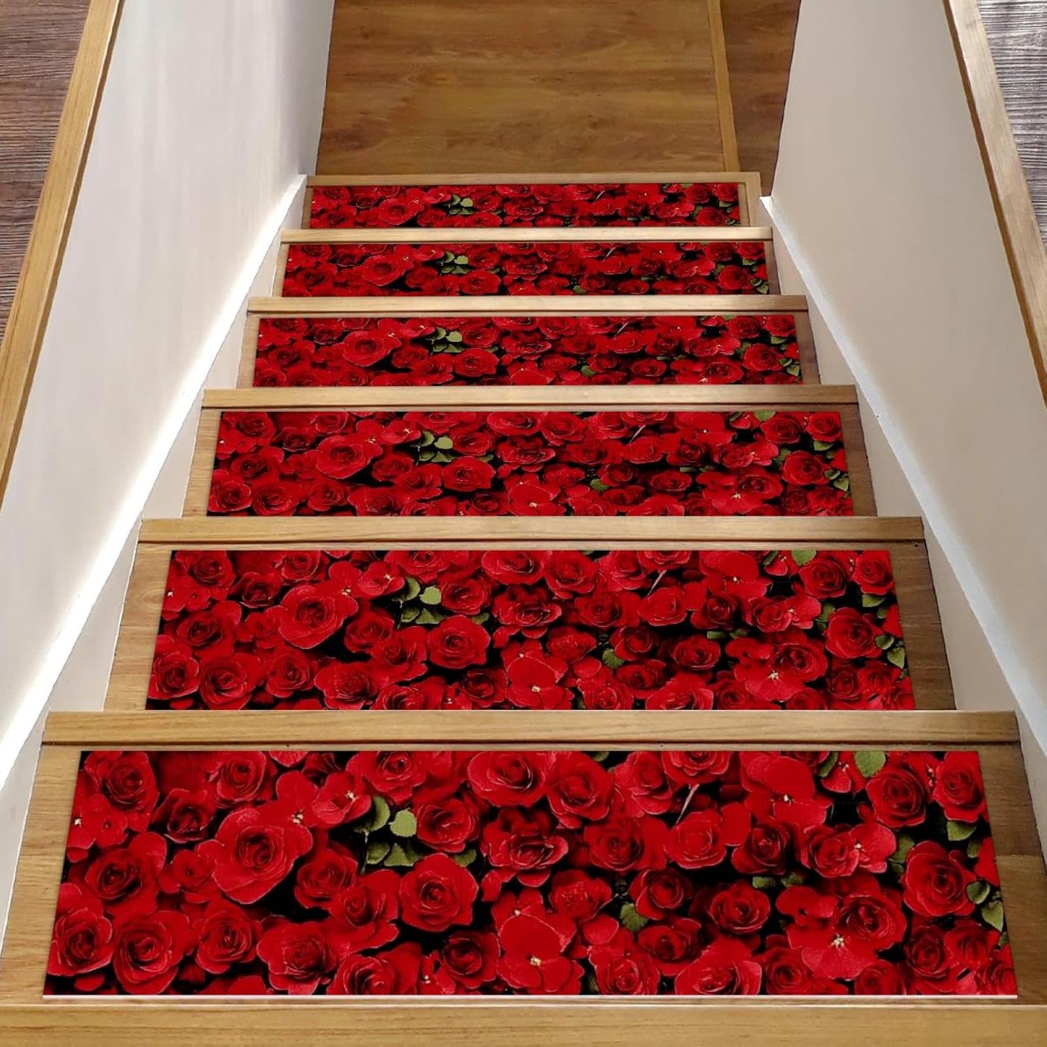 Self Adhesive Residue Free Machine Washable Reusable Stair Treads Non Slip Steps Floral Flower Red Roses Stair Runner Indoor – 15 Pack 30″X8″ Anti Slip Mats