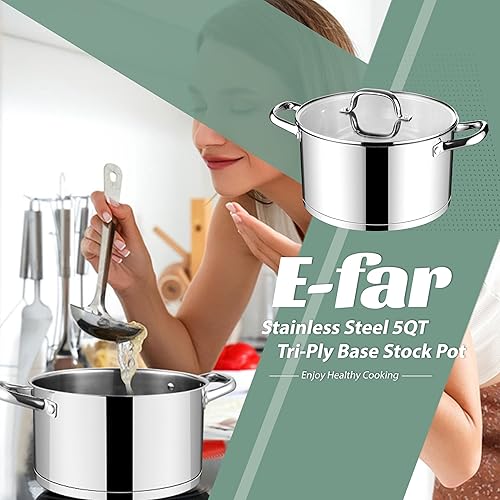 Miniatura 7 de E-far Olla de acero inoxidable, olla de 5 cuartos de galón con tapa de vidrio para pasta de sopa, olla de cocción no tóxica de inducción para todas