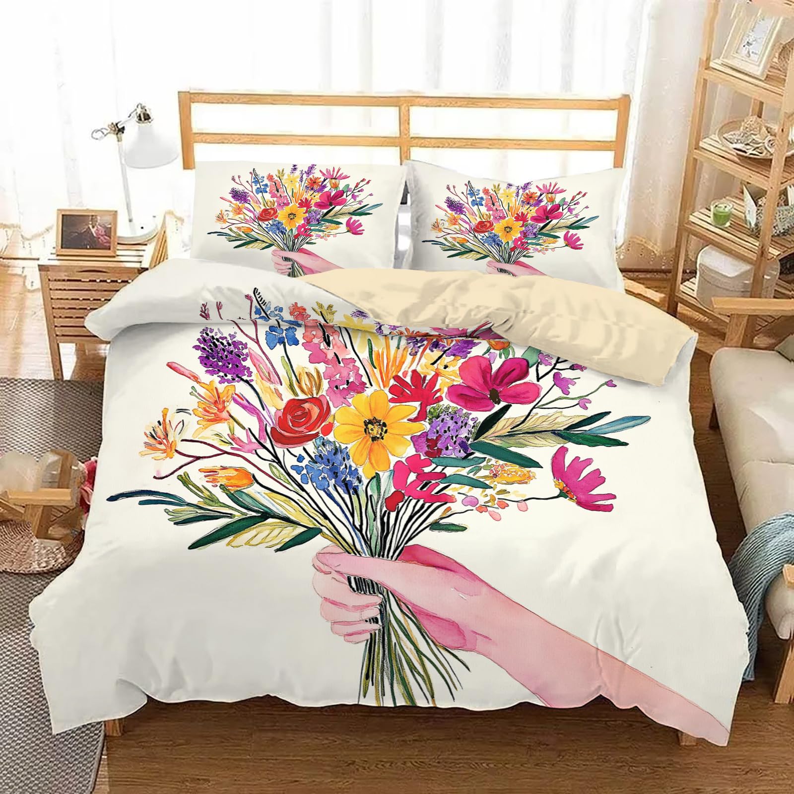 Housse de couette fleurs pour lit double dans une chambre de fille colorée