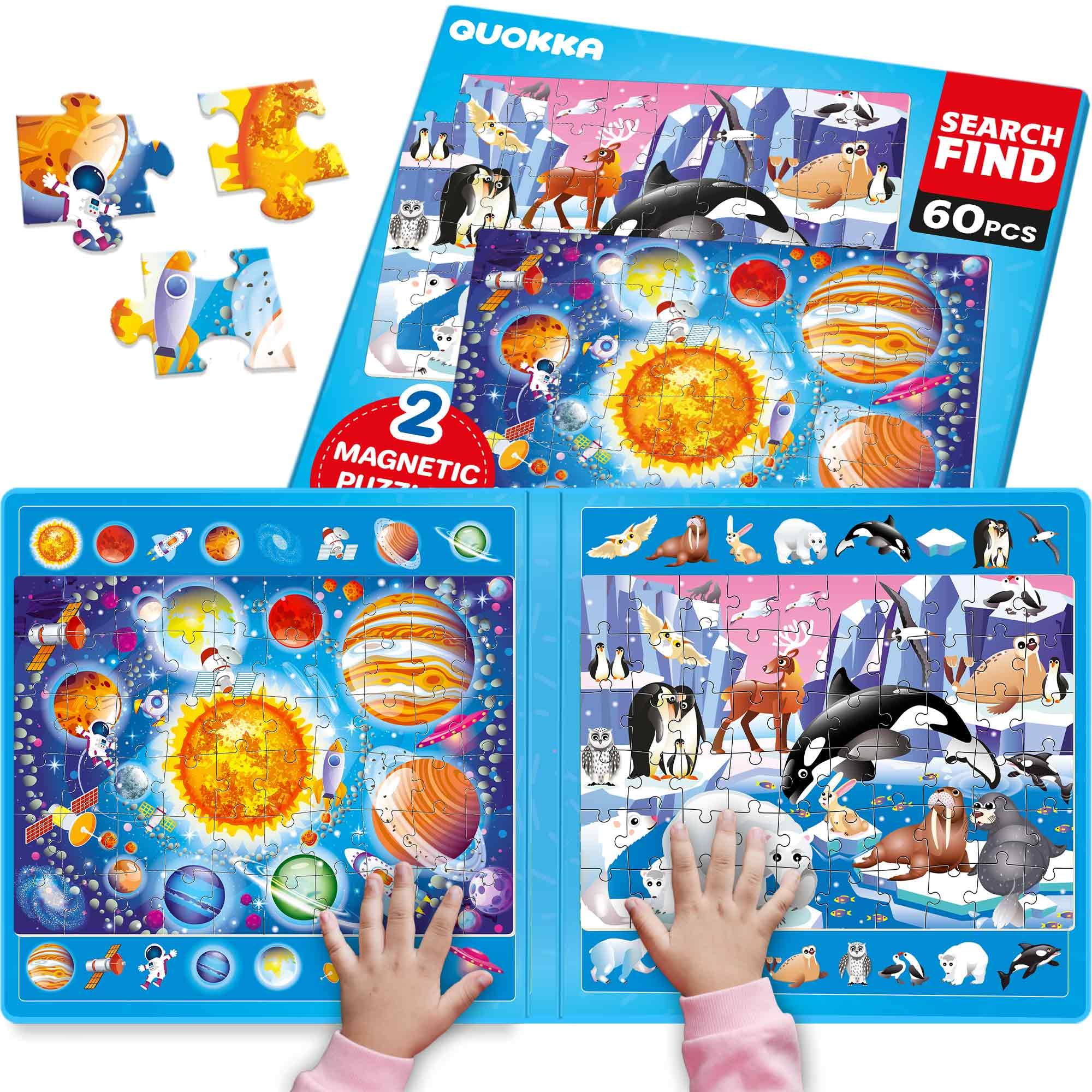 QUOKKA Magnetic Puzzles For 3 4 5 Year Olds - Search & Find 2 Pack 60 Pieces Each - Travel Toy Activities For Kids With Hidden Objects, Space Map And Polar Animals - Educational Jigsaws For 6 7 yo