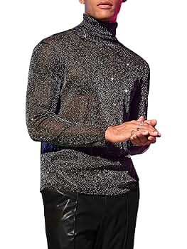 WDIRARA Men's Glitter Mesh Sheer Turtle Neck Long Sleeve See WDIRARA Men's Glitter Mesh Sheer Turtle Neck Long Sleeve See