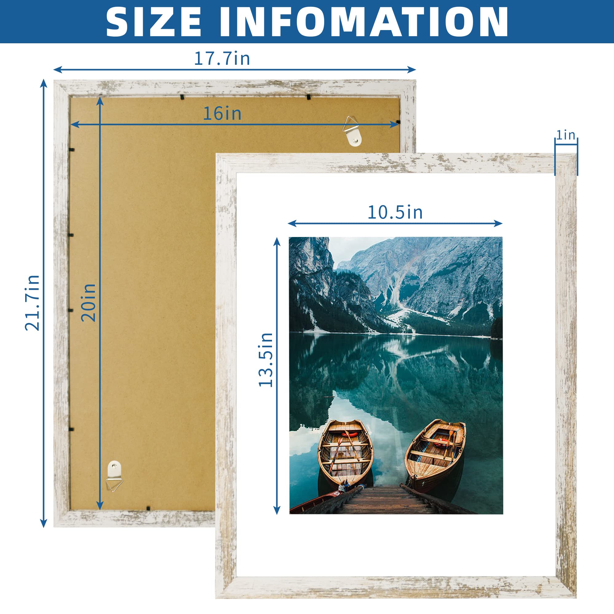 Hongkee 16x20 Frames Set of 2, Distressed White Wood Style - Display 16 x 20 Picture without Mat or 11x14 Picture with Mat, Wall Mounting Horizontal and Vertical