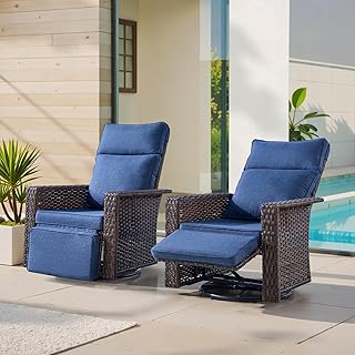 Swivel Patio Recliner Chairs Set of 2, 360° Rotation Outdoor Lounge Chairs, Adjustable Backrest & Footrest, Wide Armrests, PE Wicker with Removable Cushions for Deck, Poolside, Garden
