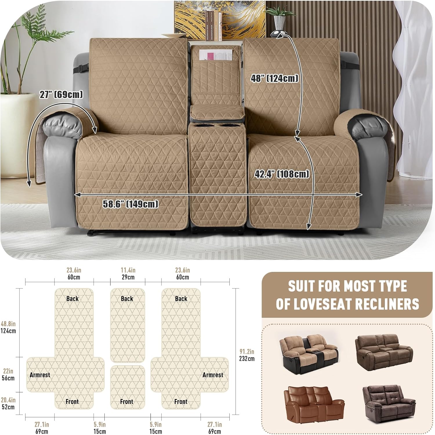 TAOCOCO 100% Waterproof Loveseat Recliner Couch Covers with Console,Double Reclining Couch Cover Non-Slip Sofa Slipcovers Washable,Furniture Protector Covers for Dog,Pets(2 Seater,Camel)