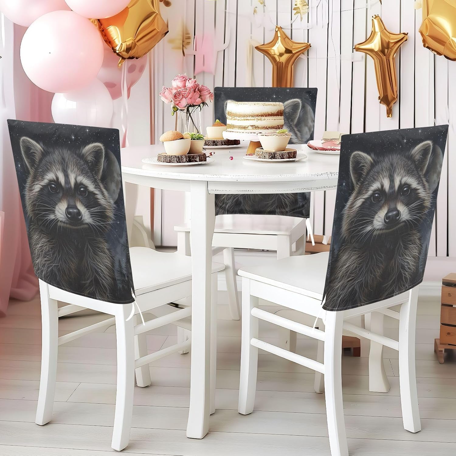 ALAZA Raccoon at Night Chair Back Cover Set of 6, Washable Reusable Removable Chair Slipcovers Decorative Chair Cover for Home Kitchen Wedding Party