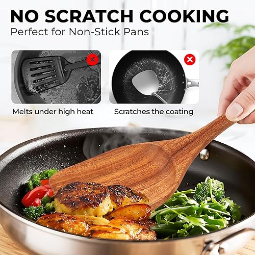 Miniatura 4 de Juego de utensilios de madera, juego de utensilios de cocina de madera de teca natural, cucharas de madera esenciales para cocinar (9 piezas)