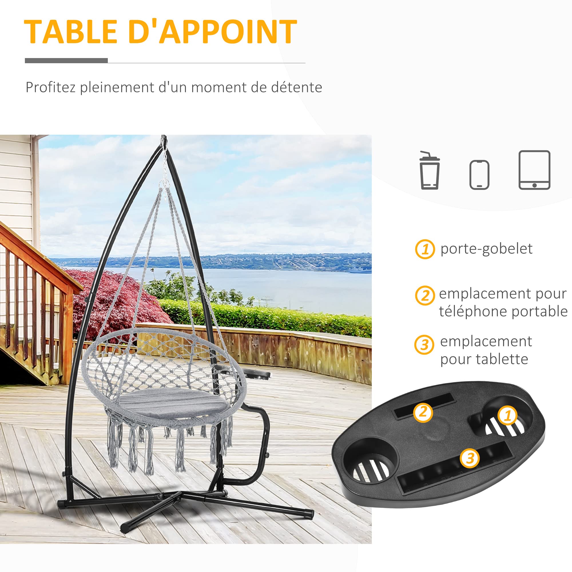 Outsunny Support Fauteuil Suspendu Pied Tablette réglable Charge 120 Kg