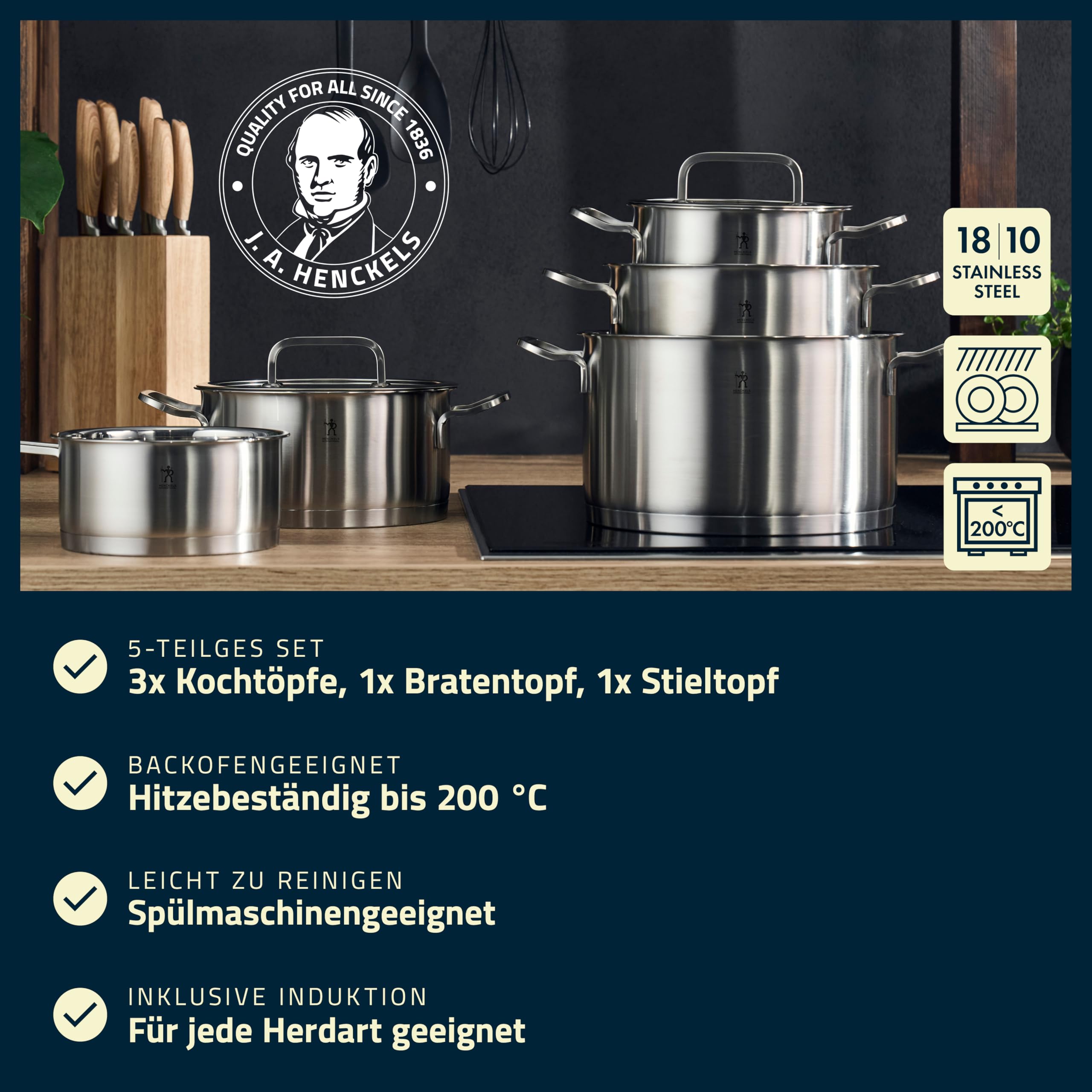 HENCKELS Pulse Kochtopfset 5-tlg,Glasdeckel, Induktion, Edelstahl | Für alle Herdarten
