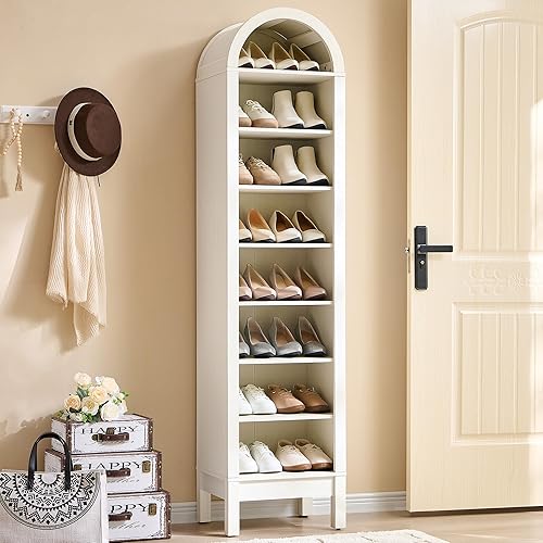 Armario de almacenamiento de zapatos arqueado de 71 pulgadas de alto, 8 niveles, 16 pares de zapatero de madera con 3 estantes ajustables,