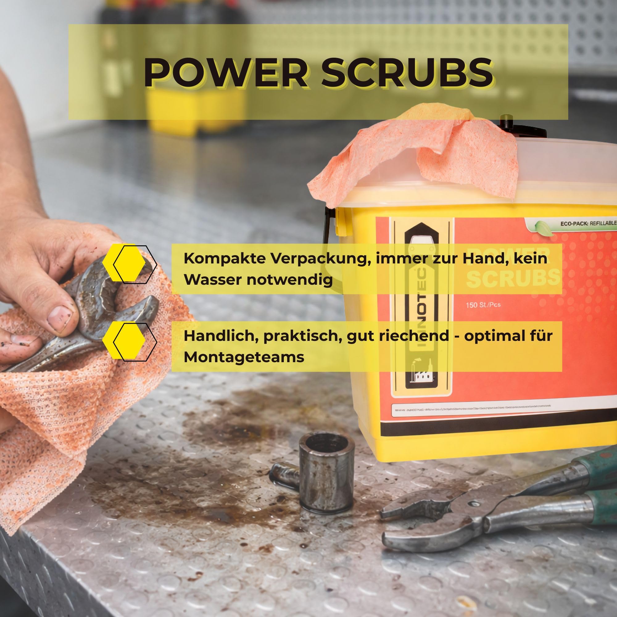 INNOTEC Power Scrubs Box mit 150 Stück – leistungsstarke Reinigungstücher für verschmutzte Hände & Oberflächen – entfernen Fett, Farbe, Kleber, Ruß – ideal für Werkstatt, Industrie & Handwerk