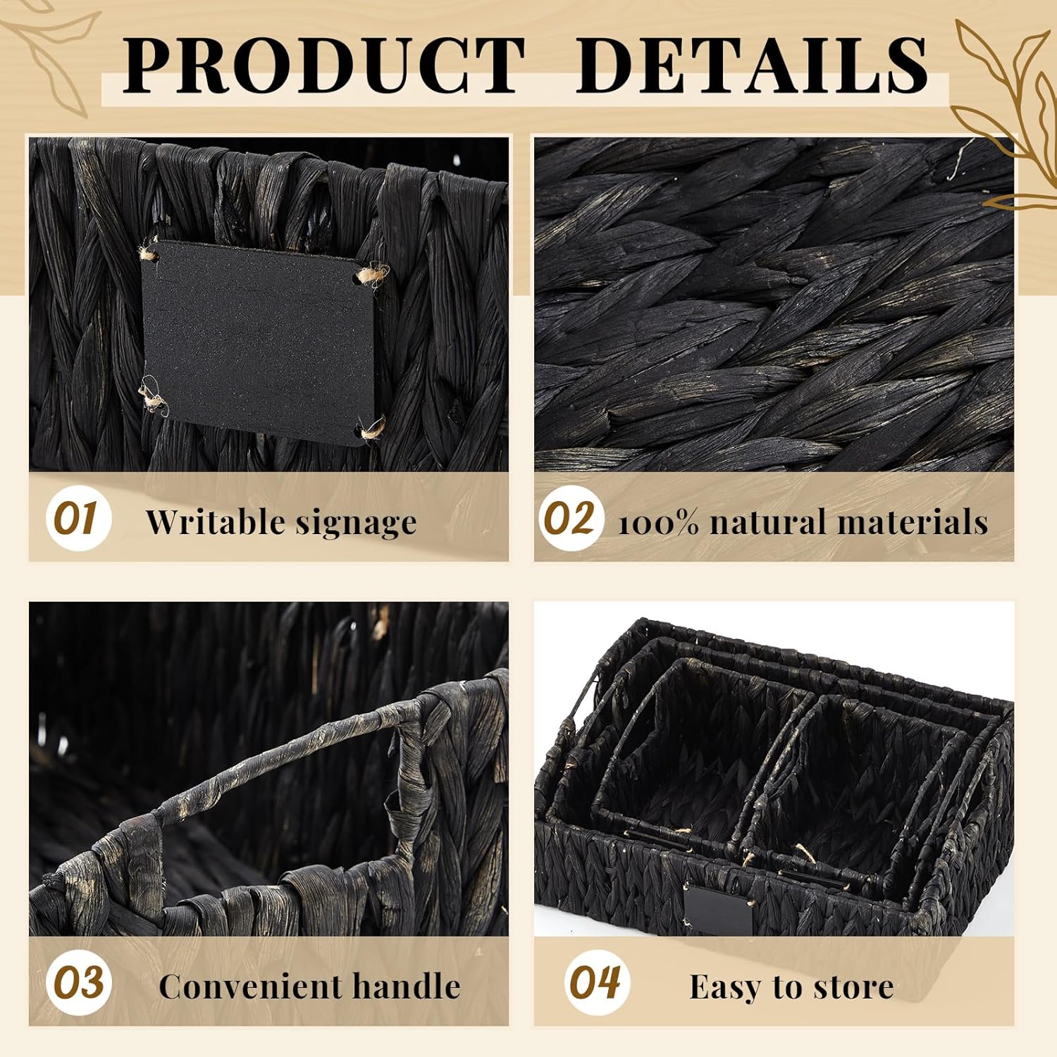4 Pcs Natural Storage Baskets Set Stackable Handwoven Wicker Storage Bins with Chalkboard Label Built-in Handles Woven Container Basket Kitchen Baskets for Shelves(Black)