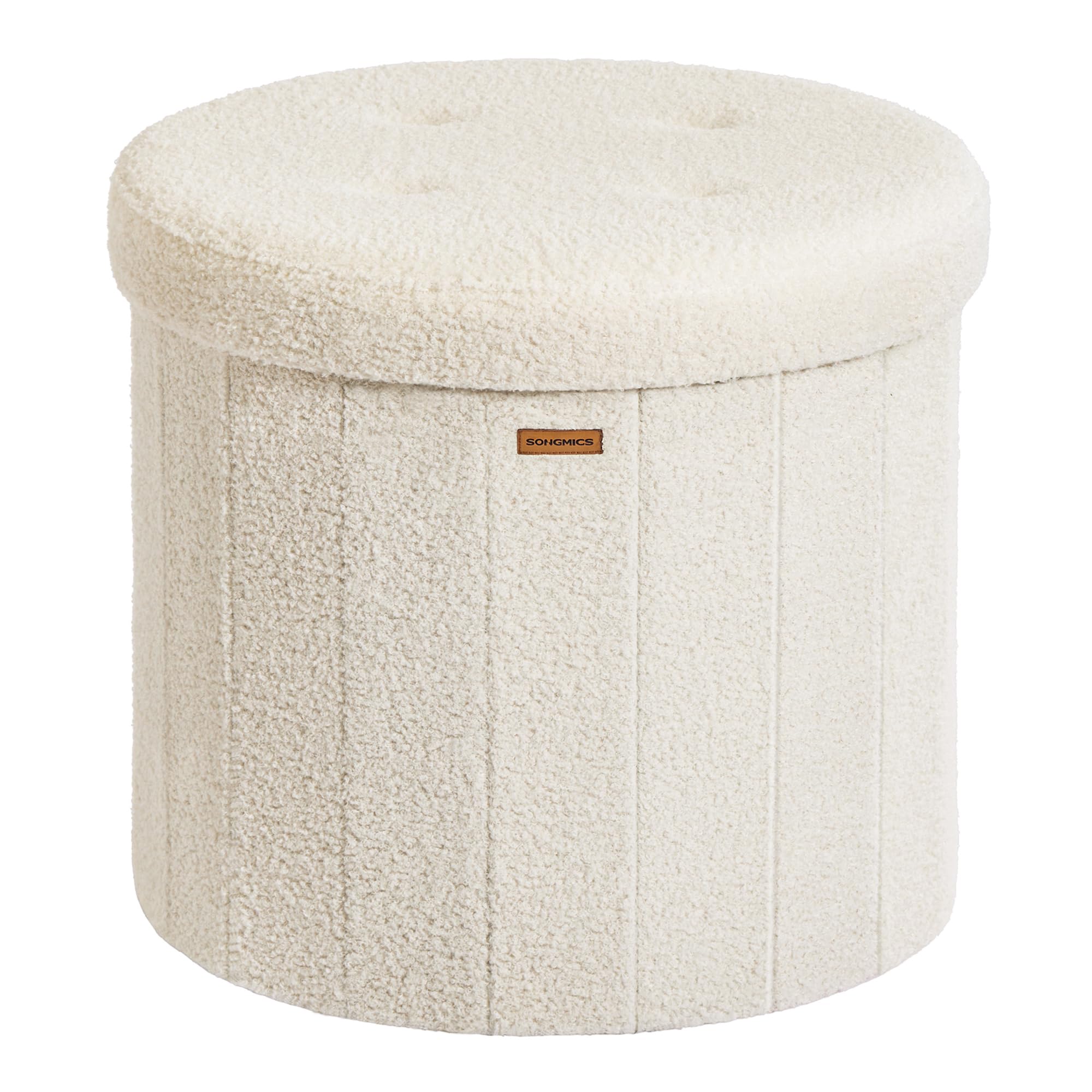 SONGMICS Mazie Colección - Banco Redondo, Taburete Reposapiés Plegable con Tapa Extraíble, Montaje Fácil, Puff de Peluche para Dormitorio, Sala de Estar, Entrada, Blanco Crema LSF606W01