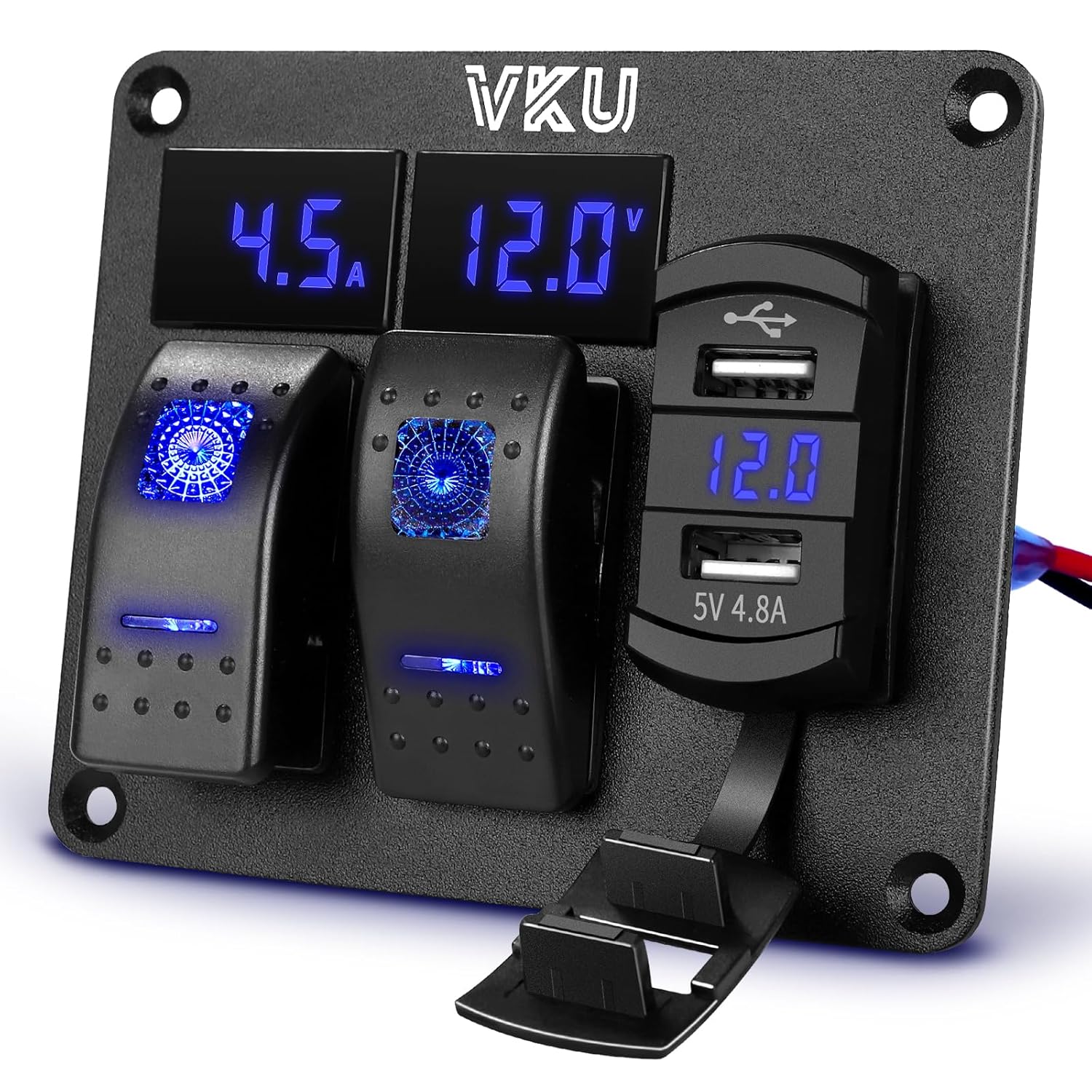 2 Gang Rocker Switch Panel with Ammeter and Voltmeter 4.8A Dual USB Charger Socket 12V 24V DC Aluminum Switches Panel 5Pin ON Off Switch for RV Cars Marine Boats ATVs Trailers
