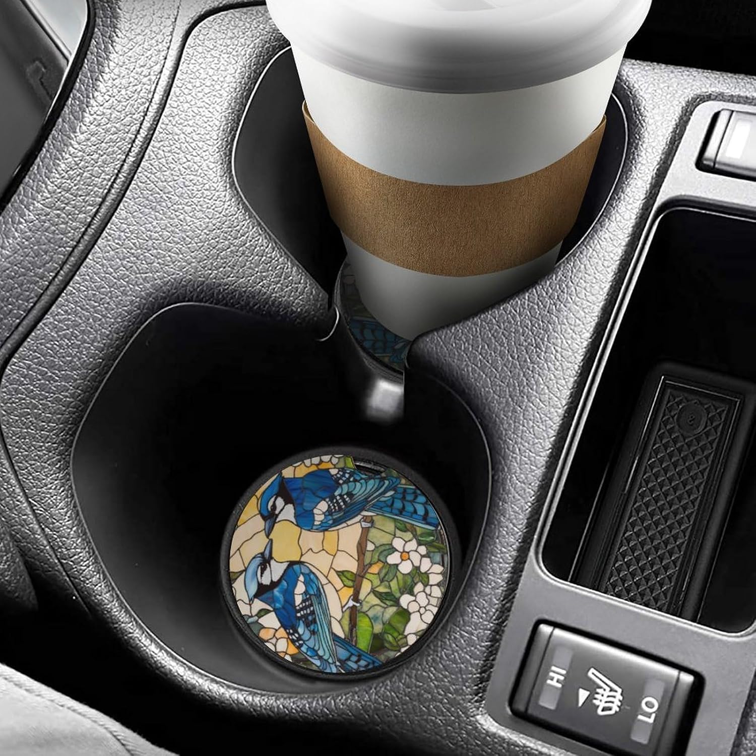 Stained Glass of Blue Jays Birds Car Cup Holder Coaster with Cork Base 2.6 Inches Anti Slip