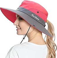 Vista 19 de Sombrero de cola de caballo para mujer, protección UV, ala ancha, plegable, para verano, playa, pesca, sombreros