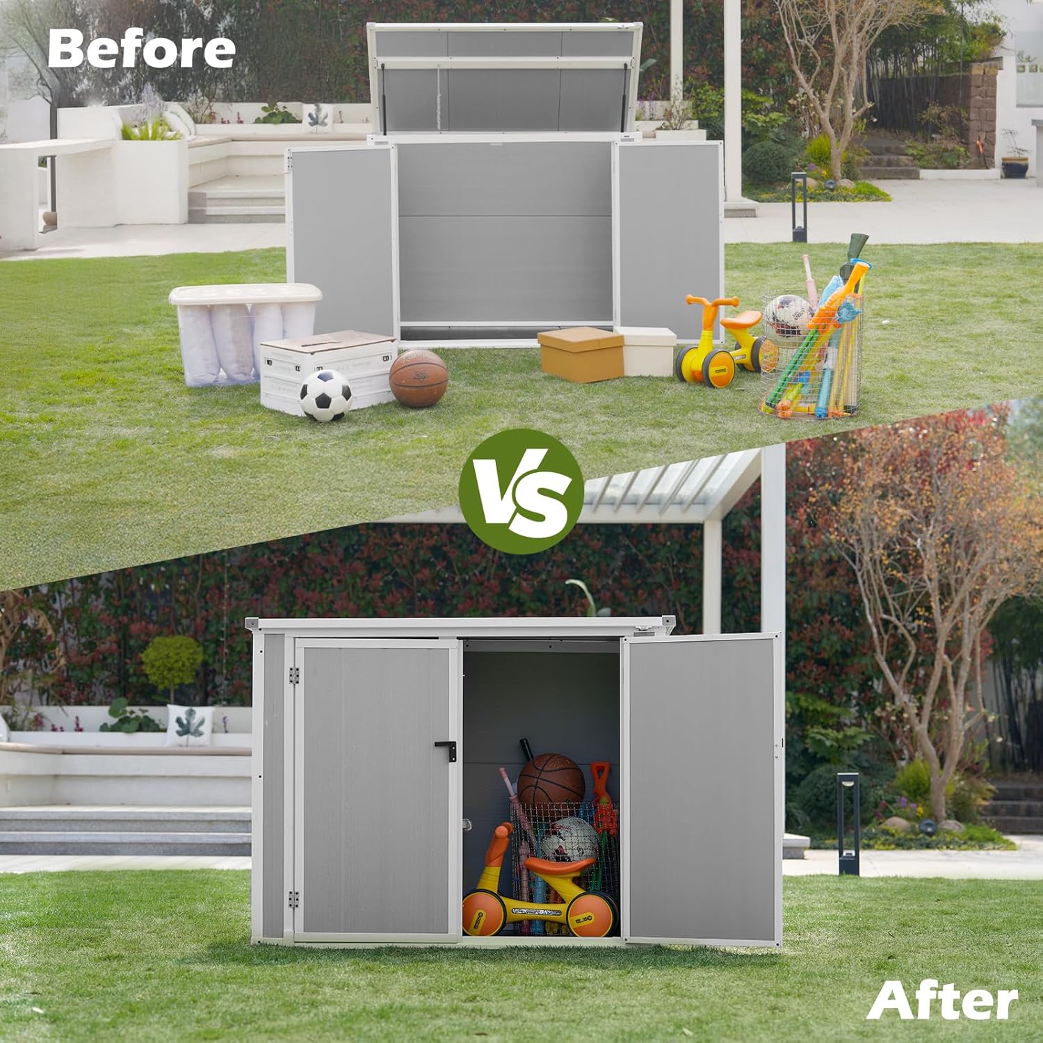 Amopatio 41 Cu Ft Outdoor Storage Shed, Horizontal Resin Trash Can Storage, Weather Resistance, Storage Box with Floor Included for Garden Tools, Lawn Mowers, Garbage Cans, Patio Use, Grey & White
