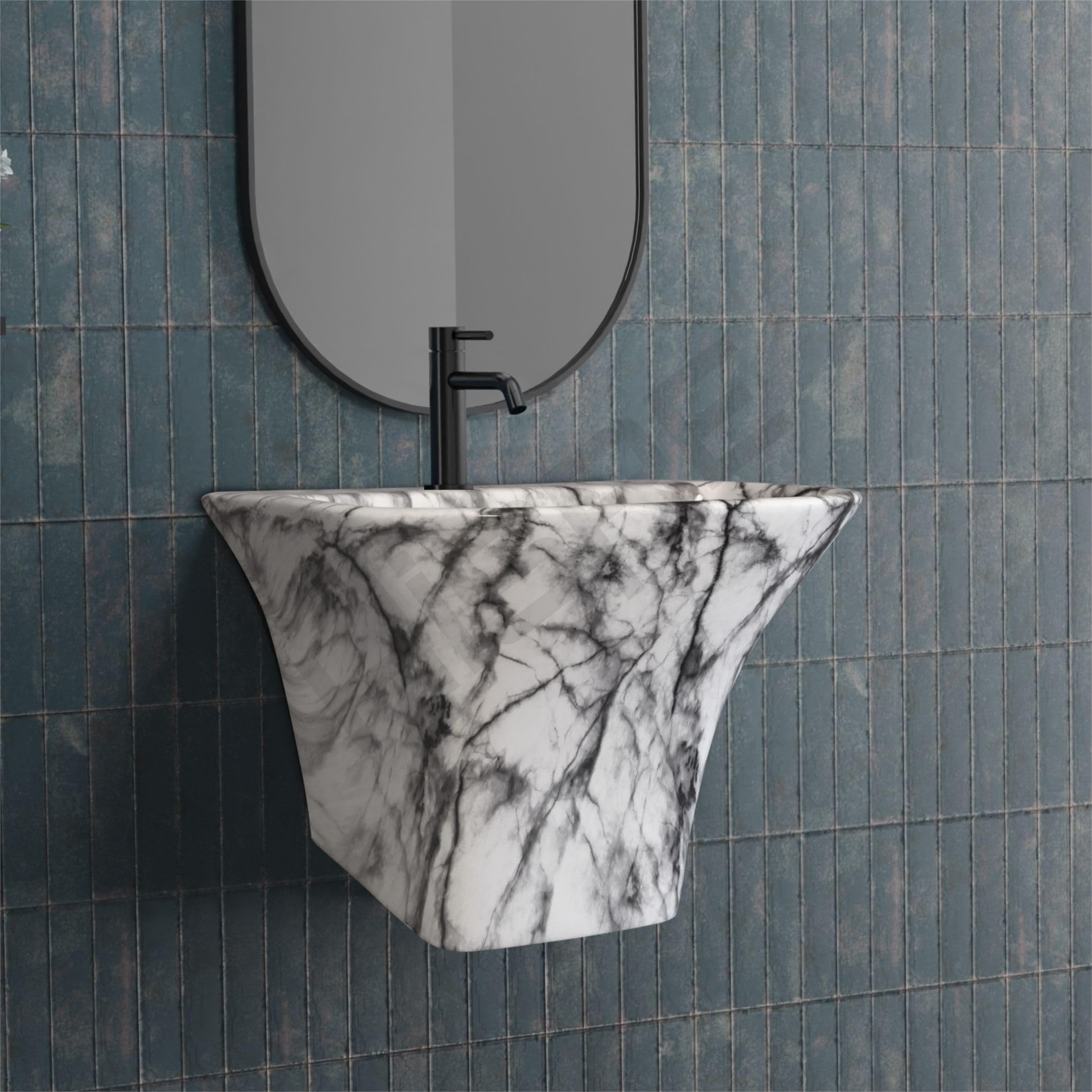 Hisre Modern Wall-Mounted Matte Ceramic Wash Basin with Curved Rectangular Design | Space-Saving Floating Bathroom Sink for Contemporary Interiors (White 1004), photo 2 of 5