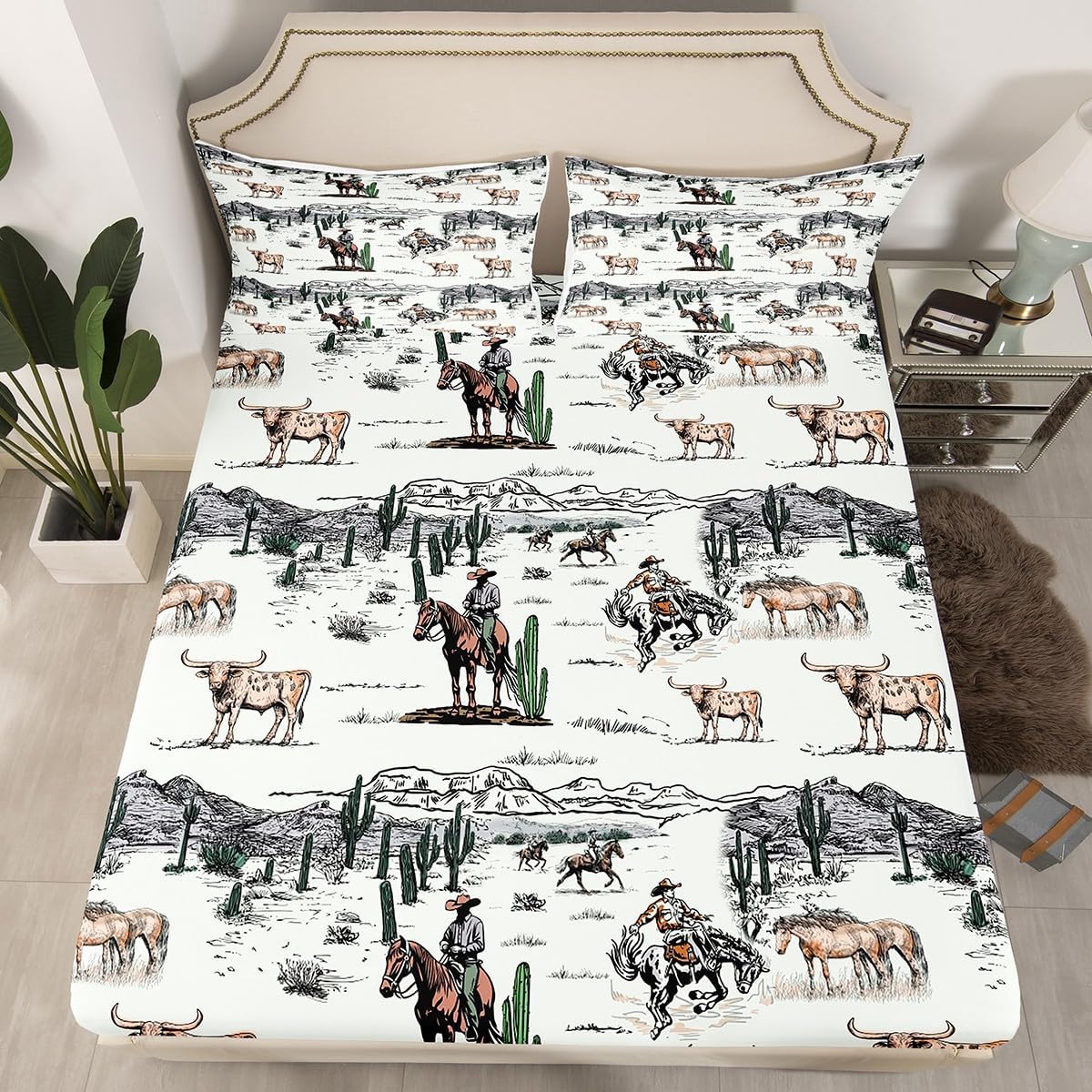 Western Cowboy Fitted Sheet Queen Size,Vintage Southwest Style Bed Sheet Desert Cactus Cow Horse Animals Bedding Set for Kids Boys Girls Adult Room Decor,Grey Brown Deep Pocket Sheet,No Flat Sheet